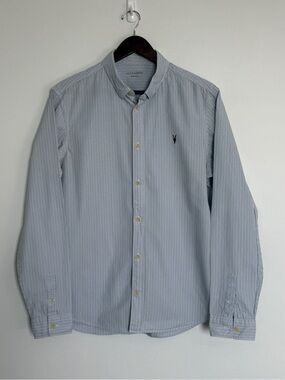 All Saints Men's Light Blue and White Pinstripe Button-Down Shirt